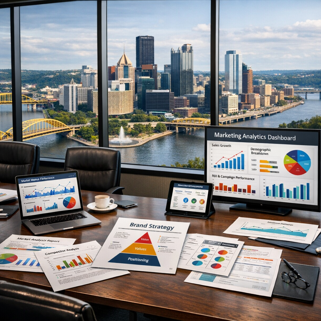 Board Room Strategy with Pittsburgh Skyline and Analytics Dashboards